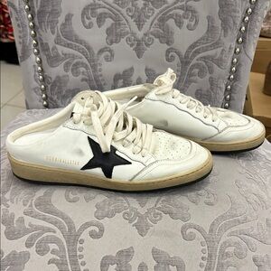 GOLDEN GOOSE White Slip-On Lace-Front Women’s Sneaker Mule with Black Star